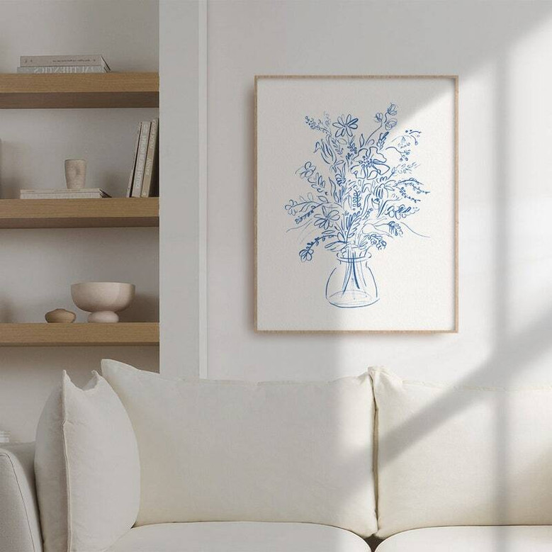 Blue Floral Botanical Wall Art Canvas - Bohemian Style For Living Room