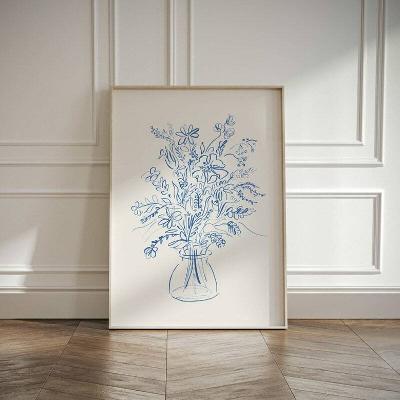 Blue Floral Botanical Wall Art Canvas - Bohemian Style For Living Room