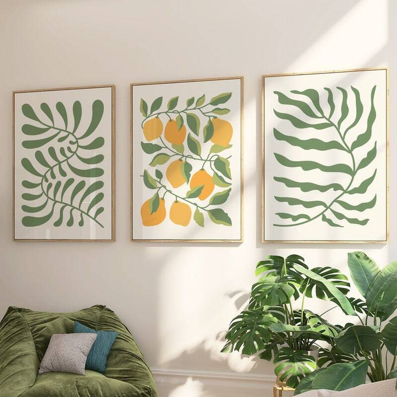 Lemon Botanical Wall Art Canvas Set - Modern Boho French Kitchen Decor With Citrus Fruit, Yellow And Sage Green For Bedroom & Living Room