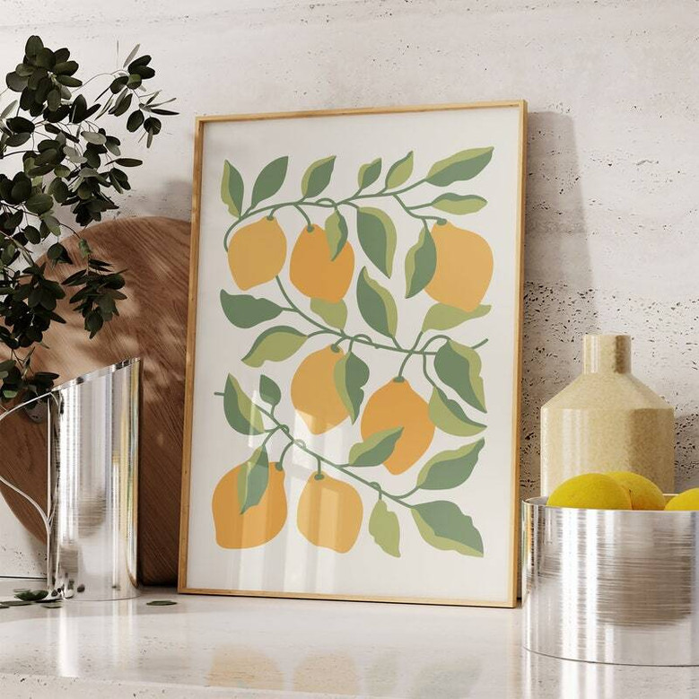 Lemon Botanical Wall Art Canvas Set - Modern Boho French Kitchen Decor With Citrus Fruit, Yellow And Sage Green For Bedroom & Living Room
