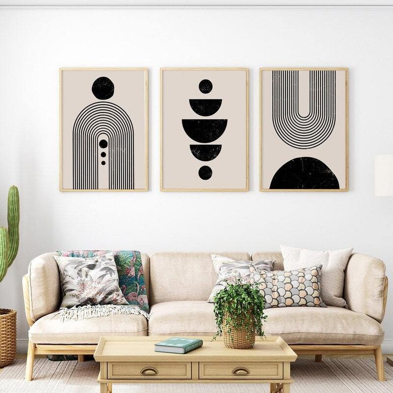 Geometric Wall Art And Decor Canvas Set For Living Room - Mid Century Modern Bohemian Style