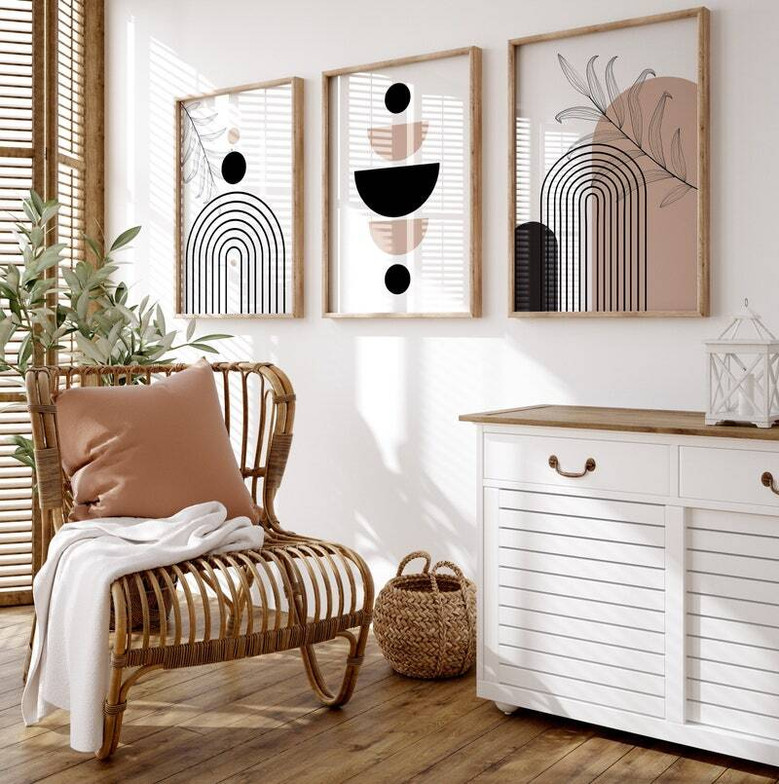 Bohemian Geometric Wall Art Canvas Set For Living Room - Abstract Black And White Design, Mid Century Modern Style
