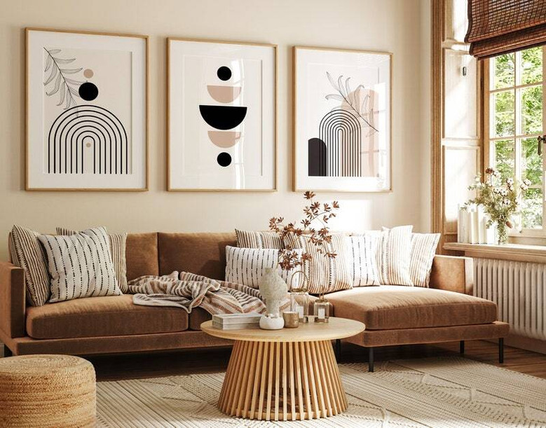 Bohemian Geometric Wall Art Canvas Set For Living Room - Abstract Black And White Design, Mid Century Modern Style