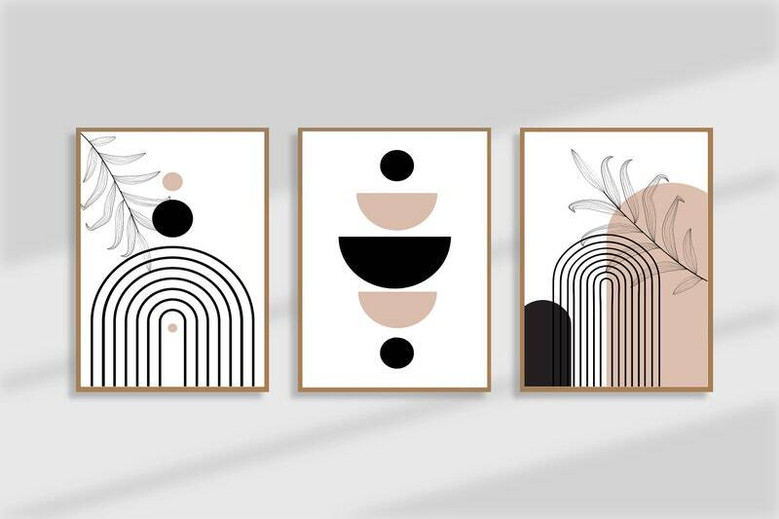 Bohemian Geometric Wall Art Canvas Set For Living Room - Abstract Black And White Design, Mid Century Modern Style