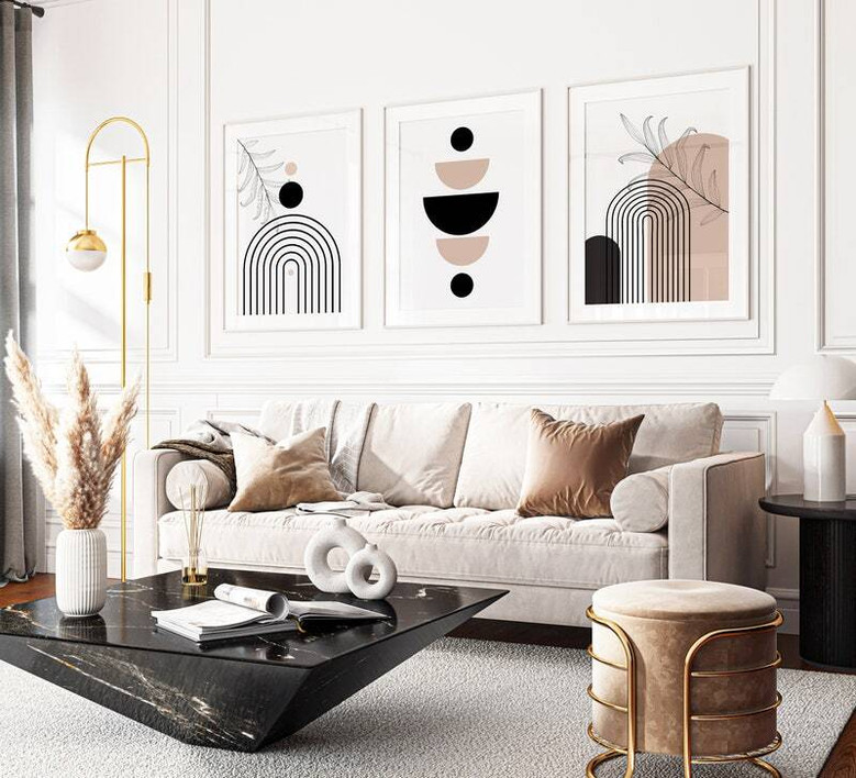Bohemian Geometric Wall Art Canvas Set For Living Room - Abstract Black And White Design, Mid Century Modern Style