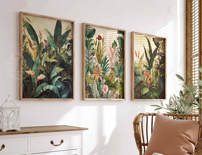 Henri Rousseau Botanical Wall Art Canvas Set Of 3 - Boho Jungle Aesthetic For Tropical Home Decor