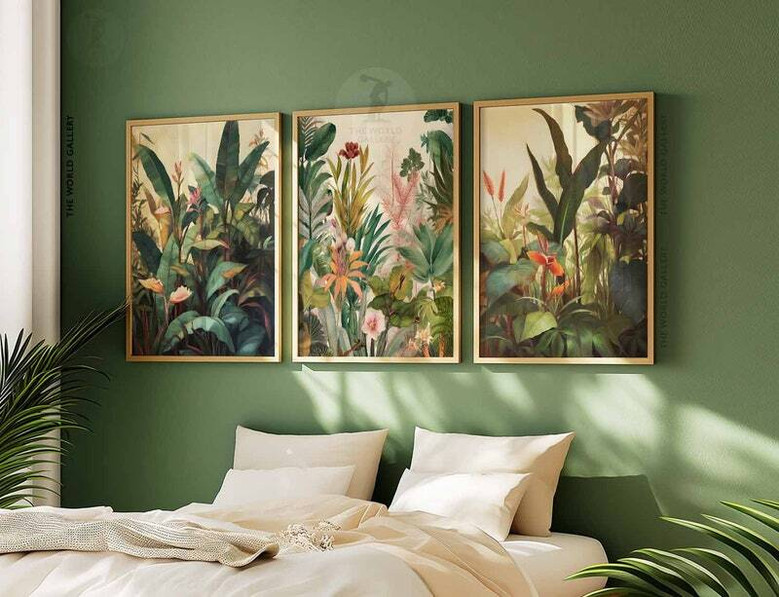 Henri Rousseau Botanical Wall Art Canvas Set Of 3 - Boho Jungle Aesthetic For Tropical Home Decor