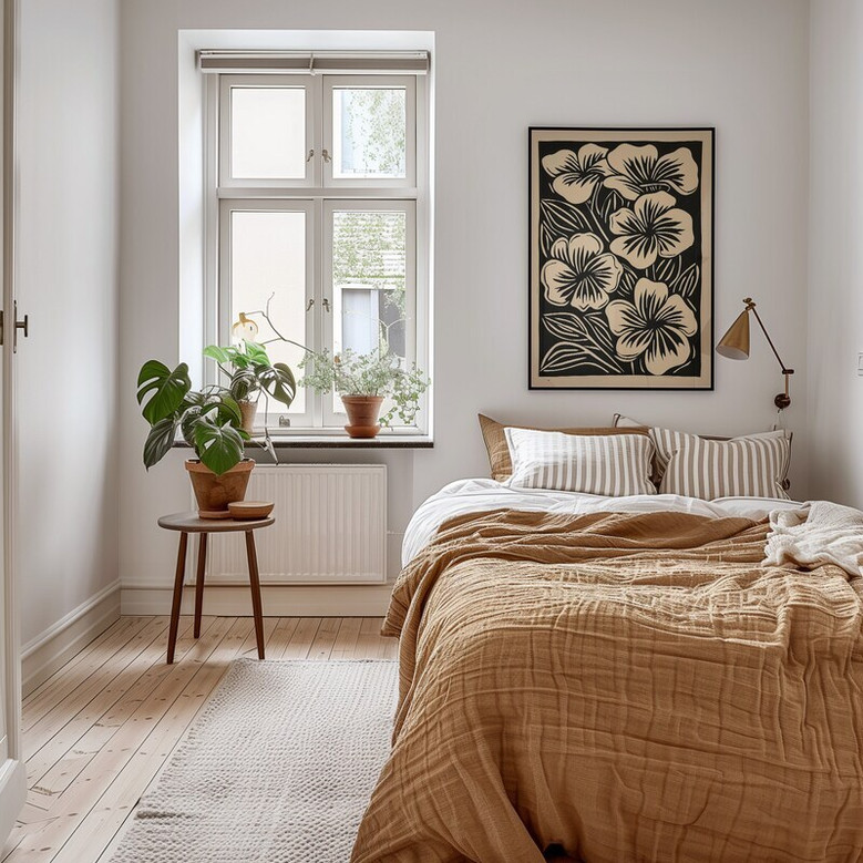 Neutral Botanical Canvas Wall Art For Living Room - Beige Black Floral Print, Customizable For Home DéCor