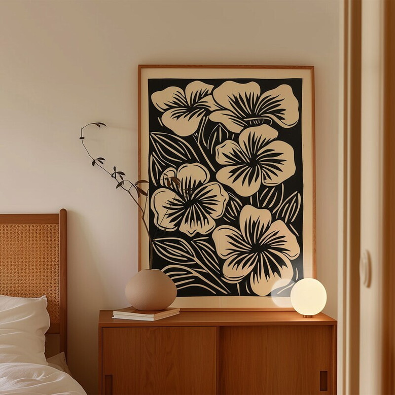 Neutral Botanical Canvas Wall Art For Living Room - Beige Black Floral Print, Customizable For Home DéCor