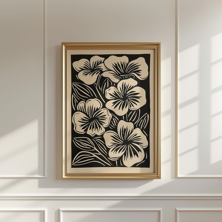 Neutral Botanical Canvas Wall Art For Living Room - Beige Black Floral Print, Customizable For Home DéCor