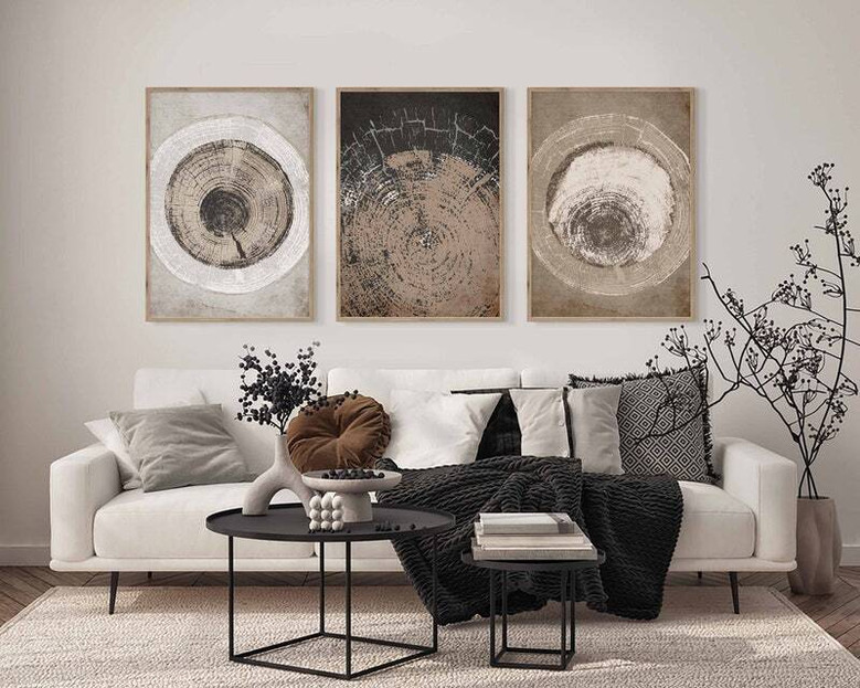 Neutral Tree Ring Canvas For Living Room – Rustic Abstract Art Prints Set Of 3 For Nature Lovers