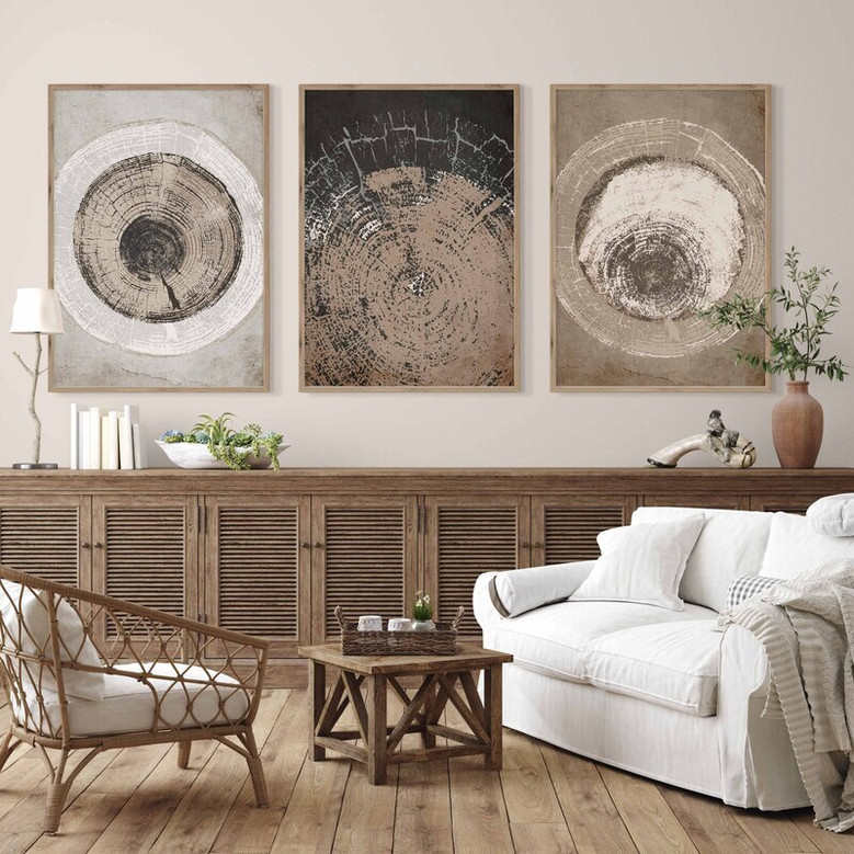 Neutral Tree Ring Canvas For Living Room – Rustic Abstract Art Prints Set Of 3 For Nature Lovers