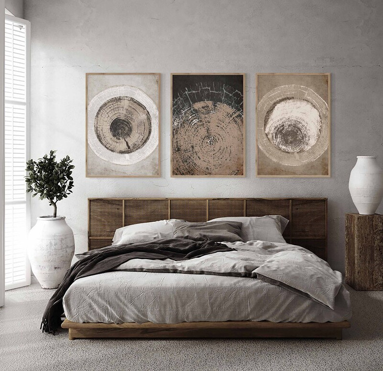 Neutral Tree Ring Canvas For Living Room – Rustic Abstract Art Prints Set Of 3 For Nature Lovers
