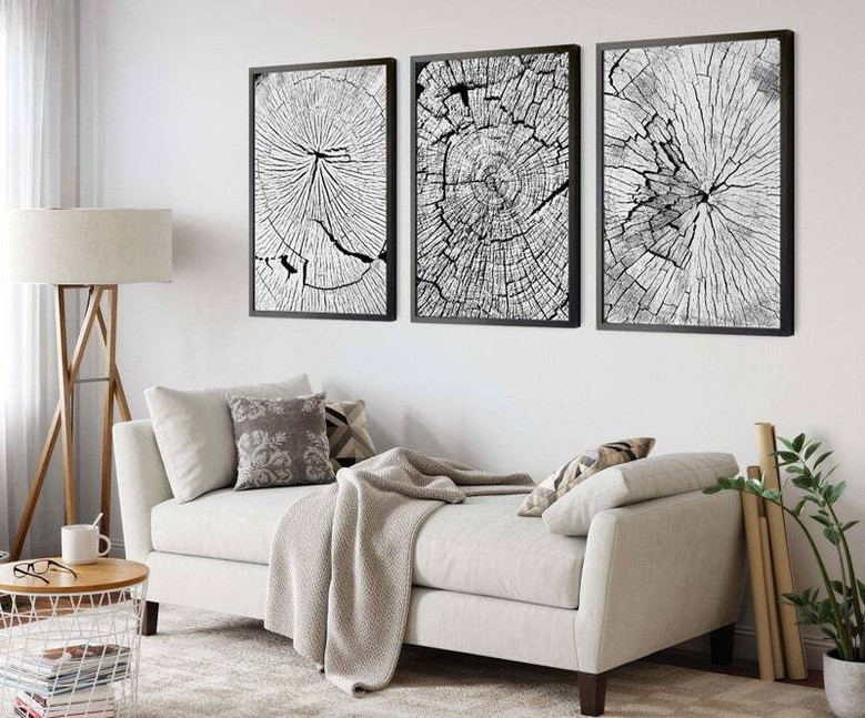 Nordic Tree Ring Canvas For Living Room - Modern Neutral Art Set Of 3