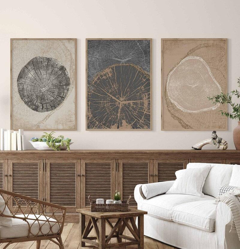 Nordic Tree Ring Canvas Set - 3 Modern Abstract Tree Stump Prints For Neutral Decor