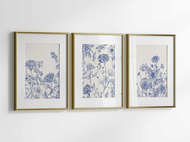 Trendy Blue Botanical Wall Art Set For Living Room – 3 Piece Chinoiserie Canvas Print Decor, Minimalist Design, Indoor Decorations