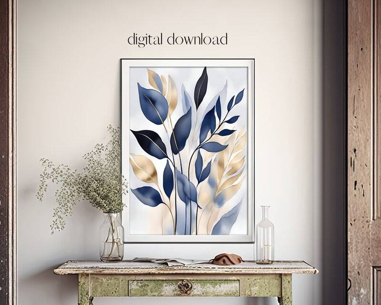 Modern Blue Botanical Wall Art For Living Room - Elegant Canvas Set For Bedroom & Hallway Decor