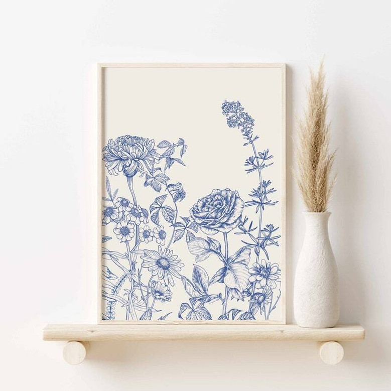 Trendy Blue Botanical Wall Art Set For Living Room – 3 Piece Chinoiserie Canvas Print Decor, Minimalist Design, Indoor Decorations