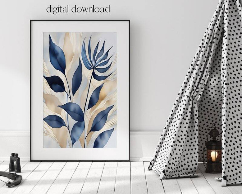 Modern Blue Botanical Wall Art For Living Room - Elegant Canvas Set For Bedroom & Hallway Decor