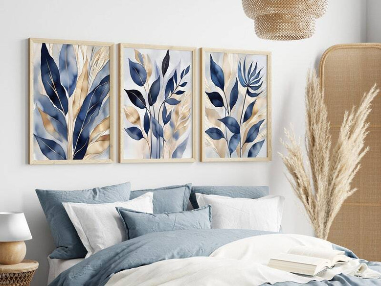 Modern Blue Botanical Wall Art For Living Room - Elegant Canvas Set For Bedroom & Hallway Decor