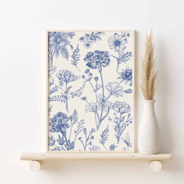 Trendy Blue Botanical Wall Art Set For Living Room – 3 Piece Chinoiserie Canvas Print Decor, Minimalist Design, Indoor Decorations