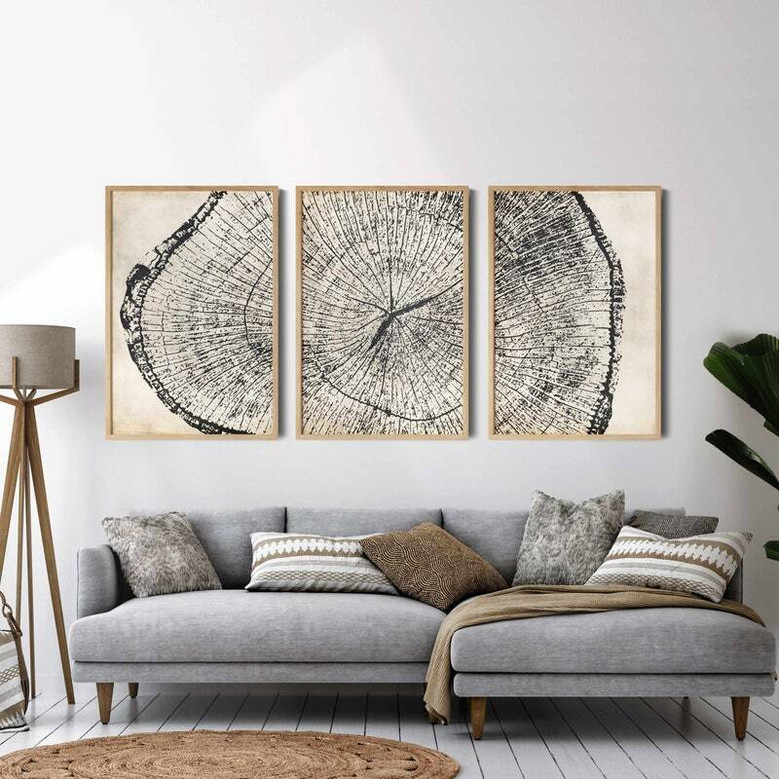 Nature-Inspired Tree Ring Canvas Set - 3 Neutral Prints For Living Room