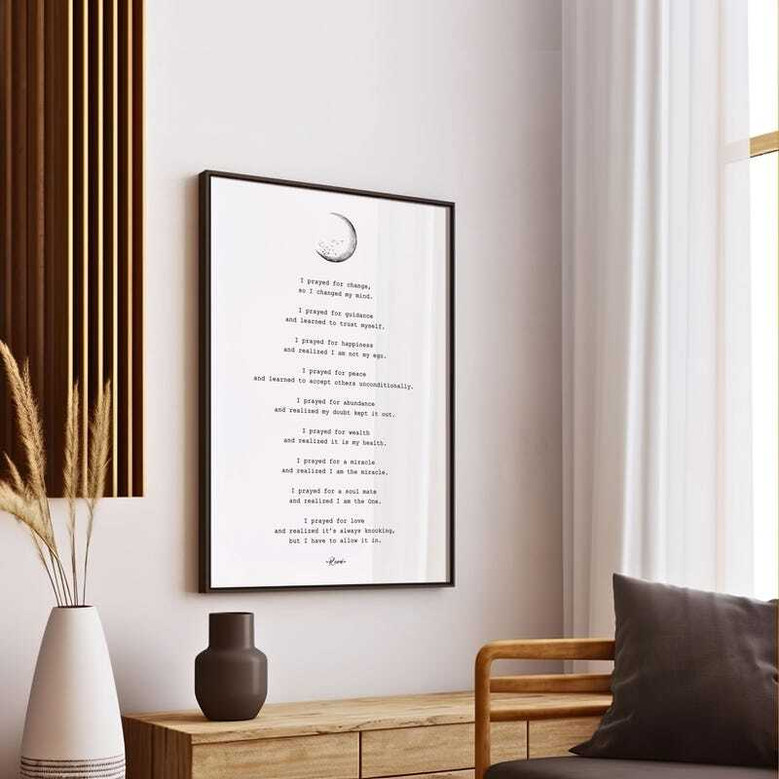 Rumi healing prayer canvas with elegant calligraphic script, parchment texture, landscape, tranquil bedroom wall decor