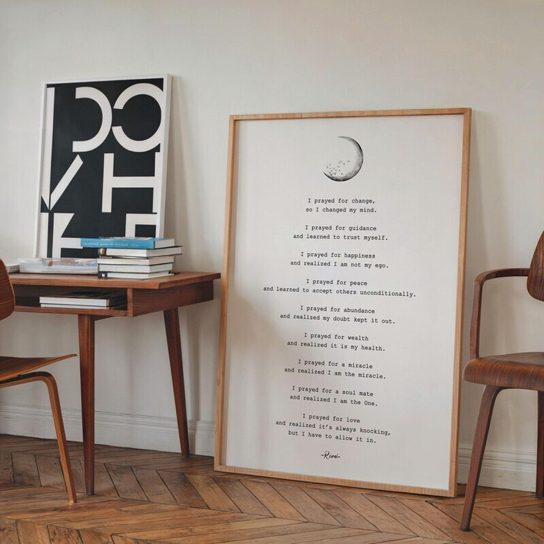 Rumi healing prayer wall art print with boho neutrals and gold accents, square format, living room spiritual decor