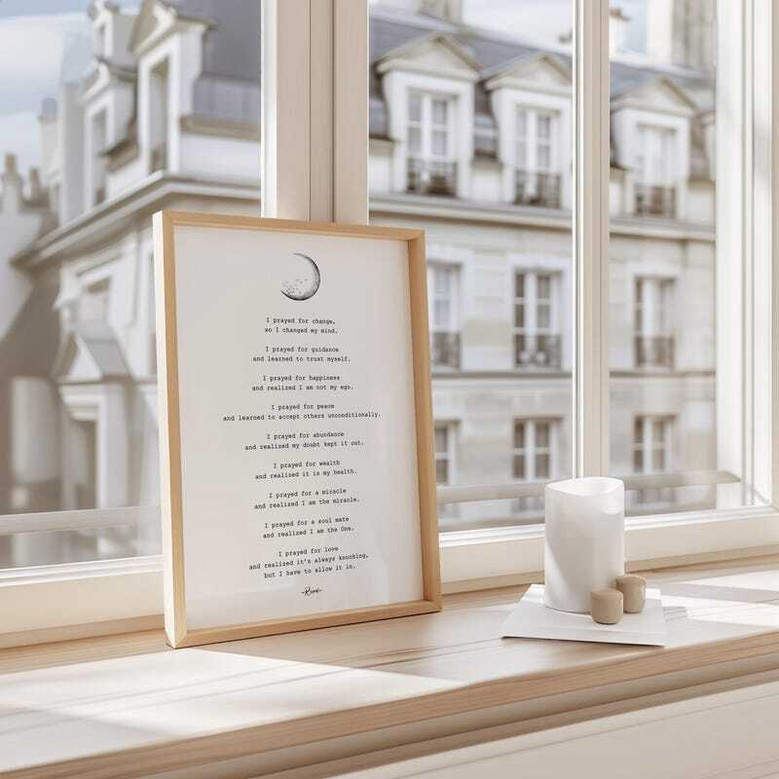 Enlightenment poetry wall art canvas in soft blush tones, portrait, spiritual gift for yoga teacher or mindful friend