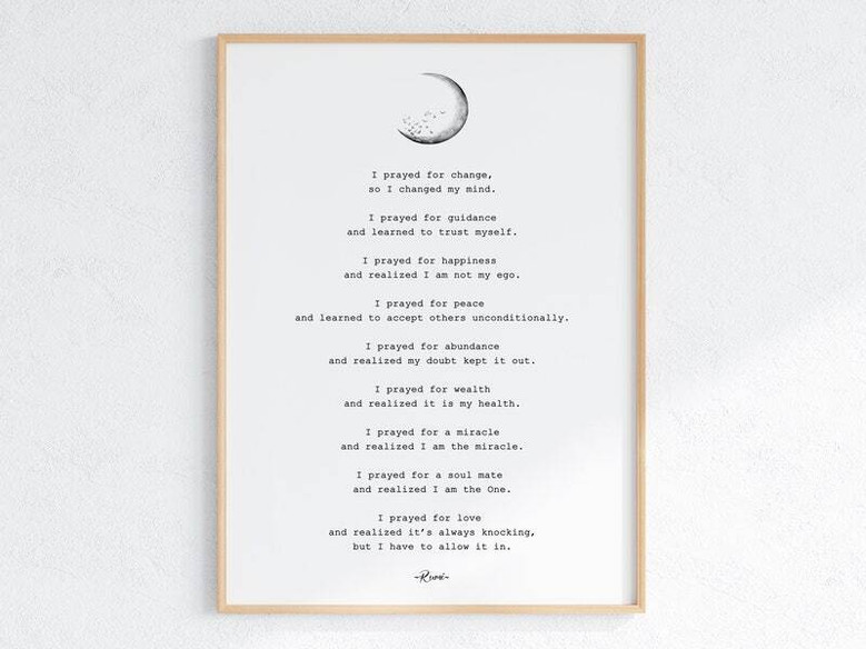 Enlightenment poetry canvas featuring Rumi's healing prayer, earth-toned watercolor, landscape, calming yoga studio decor