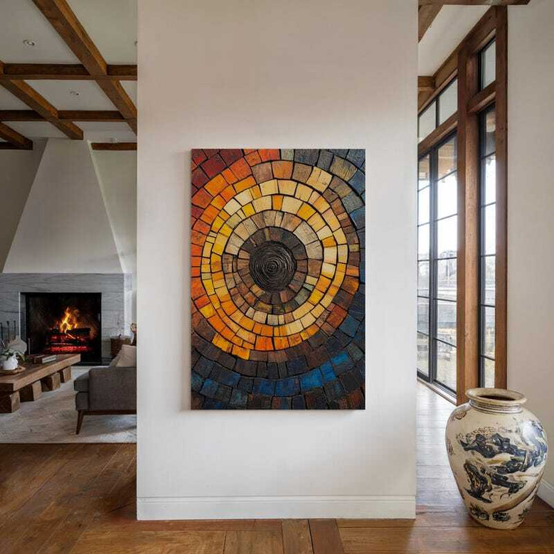 Personalized Rustic Tree Ring Canvas - Earthy Orange & Blue For Nature-Inspired Living Room Art