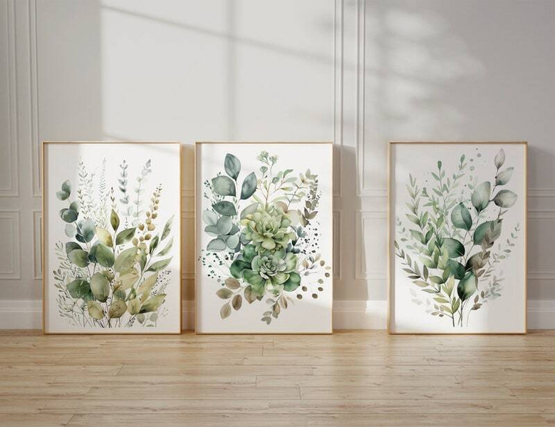Modern Botanical Wall Art Canvas Trio - Sage Green Wildflowers, Boho Floral Prints For Living Room DéCor