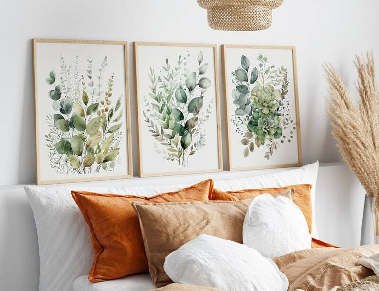 Modern Botanical Wall Art Canvas Trio - Sage Green Wildflowers, Boho Floral Prints For Living Room DéCor