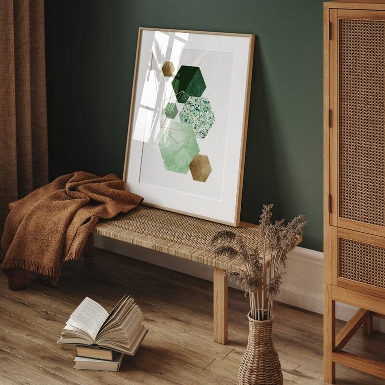 Geometric Green Gold Canvas Wall Art Set For Living Room Decor - Modern And Elegant Touch