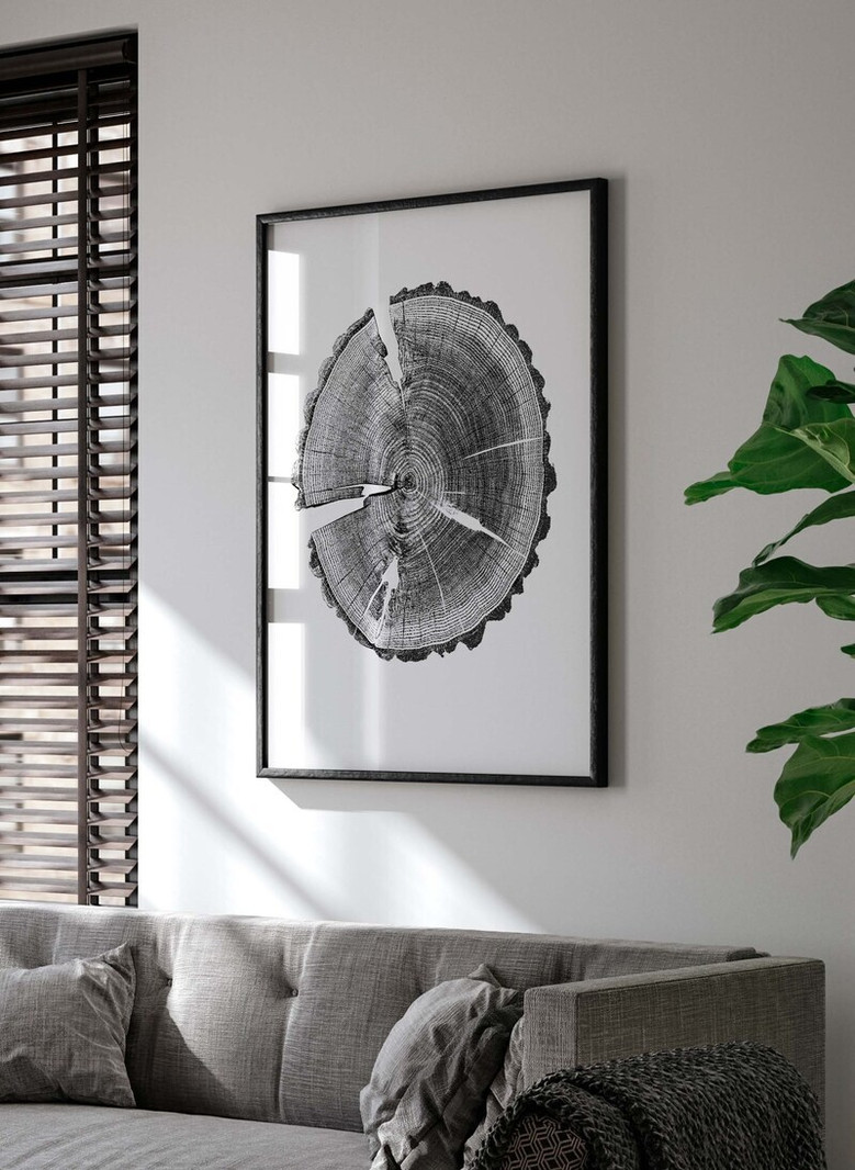 Personalized Tree Ring Canvas For First Anniversary - Handmade Black And White Woodcut For Living Room