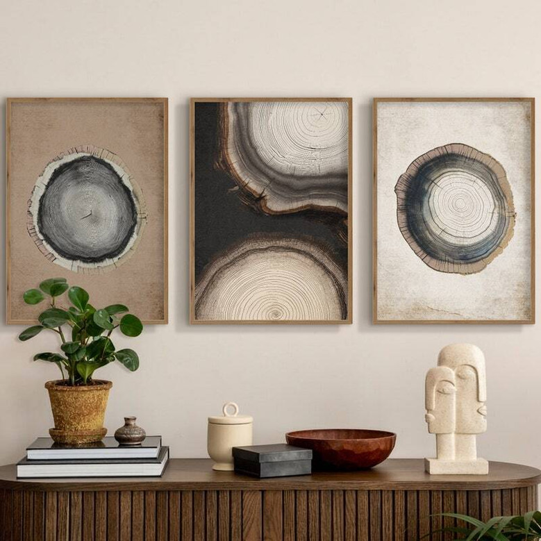 Modern Tree Ring Canvas Set - Grunge Abstract Wall Art Prints For Living Room
