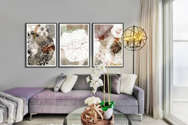 Tree Ring Canvas Set Of 3 - Modern Abstract Wood Slice Art For Living Room Decoration