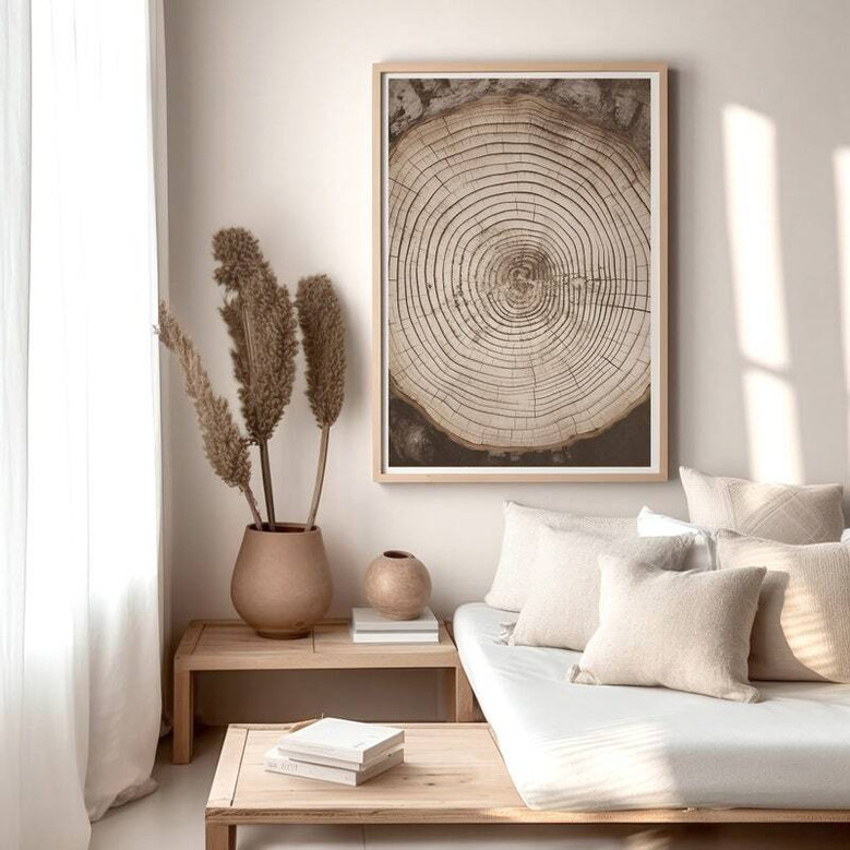 Earthy Tree Ring Canvas For Japandi Bedroom Decor - Wabi Sabi Wall Art Above Bed