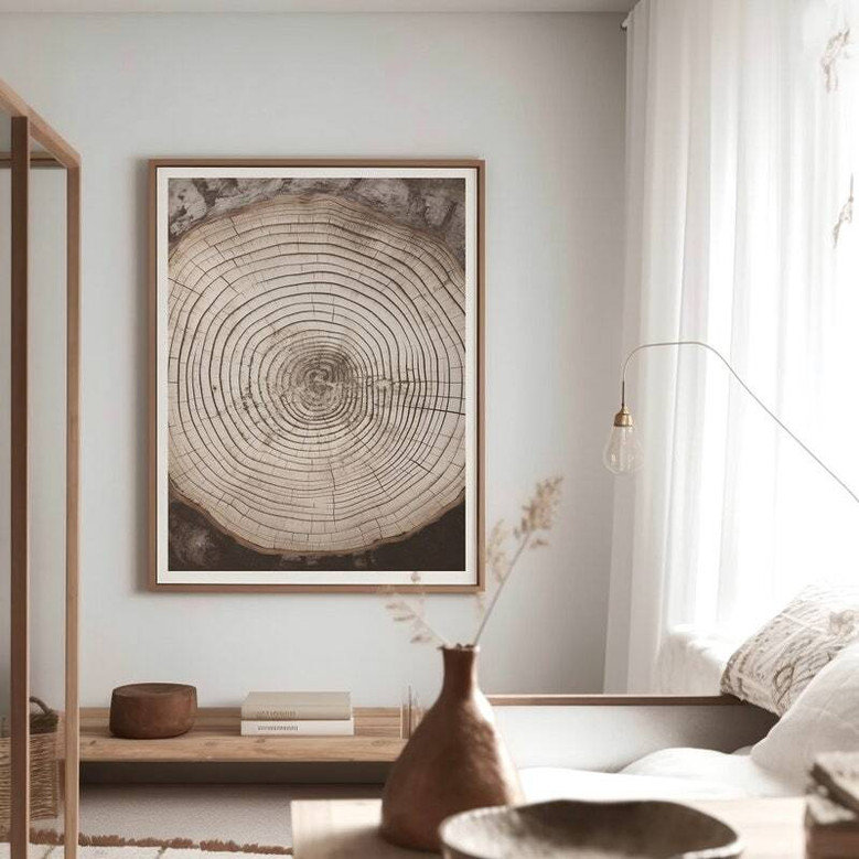 Earthy Tree Ring Canvas For Japandi Bedroom Decor - Wabi Sabi Wall Art Above Bed