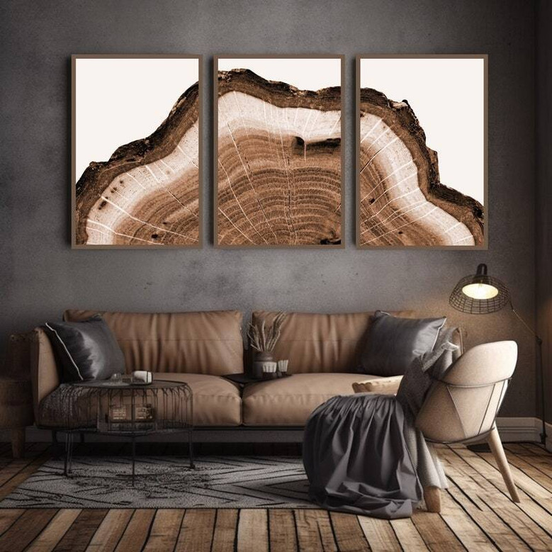 Tree Ring Canvas Art Set For Man Cave - Rustic 3-Piece Wall Decor