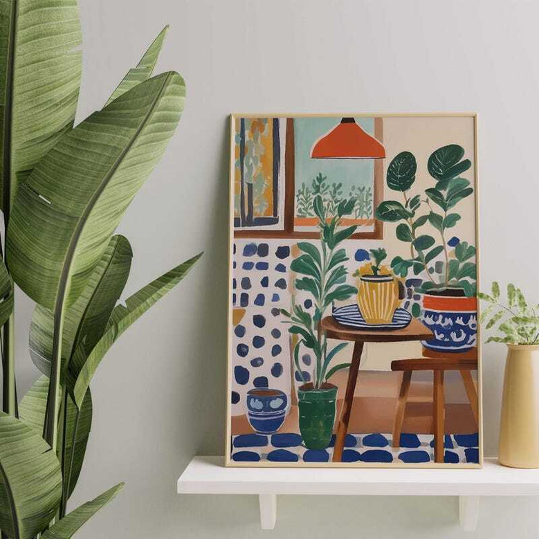 Colorful Botanical Wall Art Canvas For Kitchen With Potted Plants - Bold And Vibrant Office Decoration
