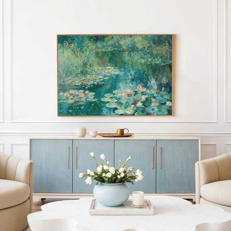 Vintage Lily Pad Canvas Botanical Wall Art For Living Room - Large Abstract Sage Green Decor