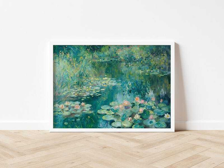 Vintage Lily Pad Canvas Botanical Wall Art For Living Room - Large Abstract Sage Green Decor