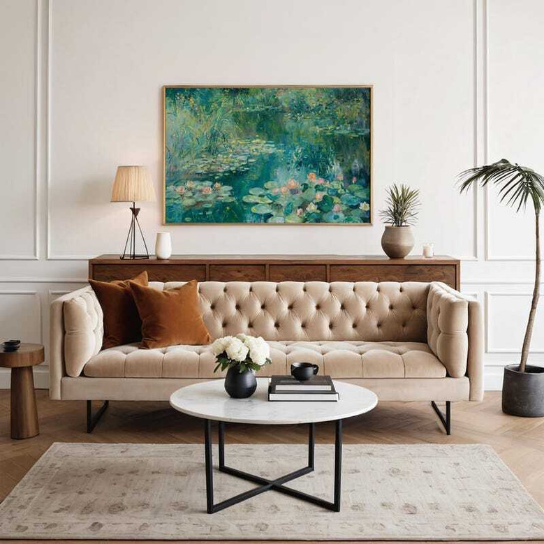 Vintage Lily Pad Canvas Botanical Wall Art For Living Room - Large Abstract Sage Green Decor