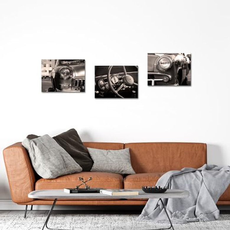 Vintage classic American car canvas wall art, retro gift for car enthusiasts; stylish wall decor for men's bedroom