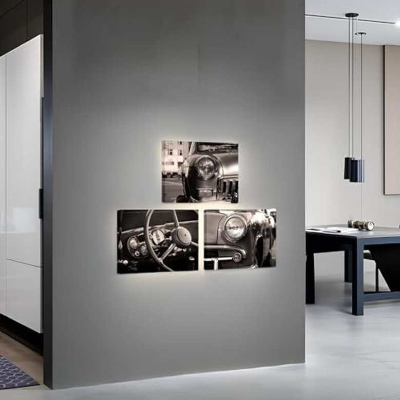 Vintage classic American car canvas wall art with nostalgic chrome details, cool bedroom decor for teen boys and men