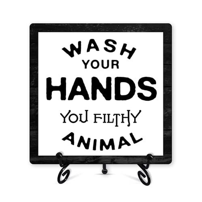 Funny 'Wash Your Hands' Animal Farm Sign With Iron Stand For Farmhouse Bathroom Decor - Gift For Women And Men