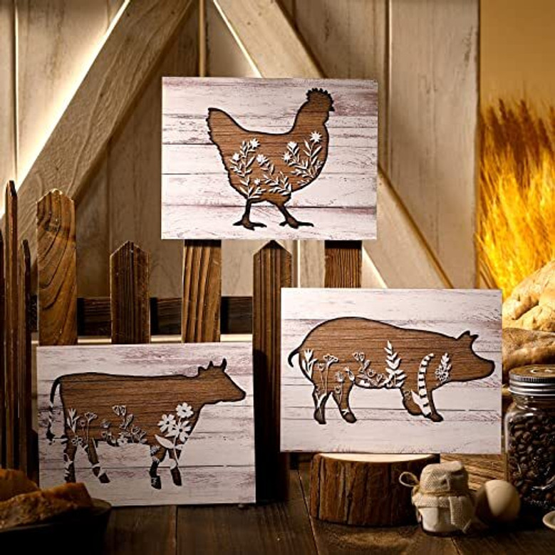Animal Farm Signs Rustic Wooden Kitchen Decor With Cow Rooster Pig For Country Style Wall Decorations