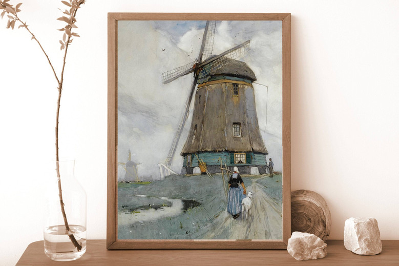 Dutch windmill landscape canvas art in vintage style, personalized with family name, classic touch for living room wall decor