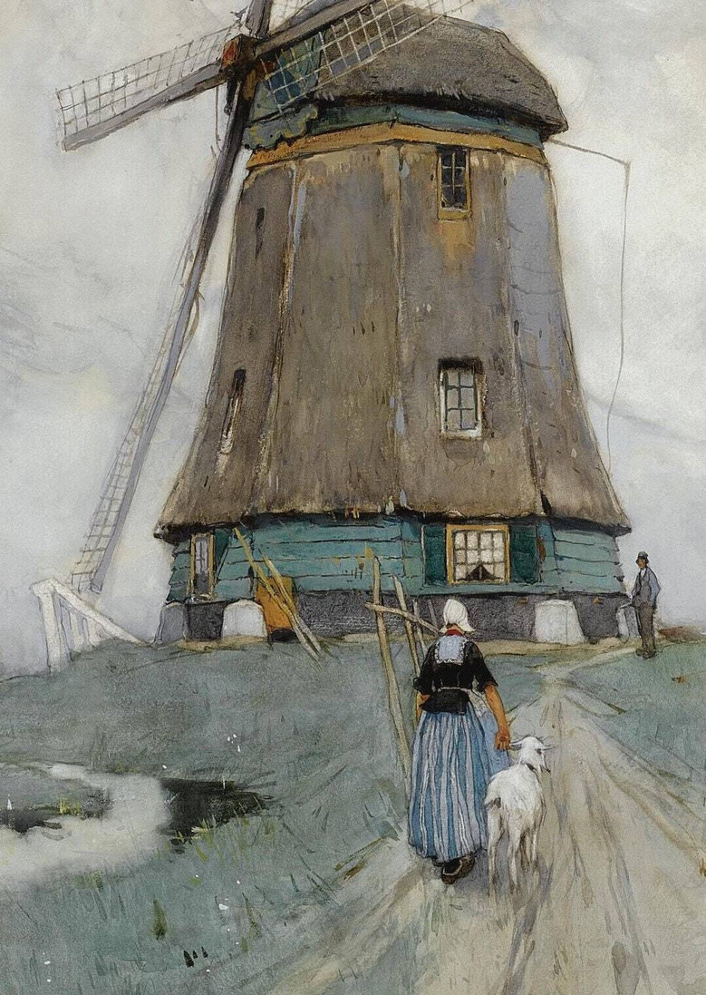 Vintage Dutch countryside windmill landscape canvas, personalized names and date, classic wall art for living room decor